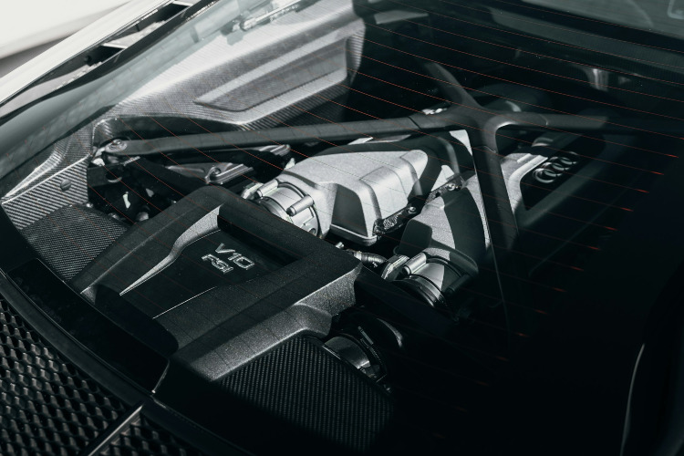 A V10 engine in an Audi R8 engine bay